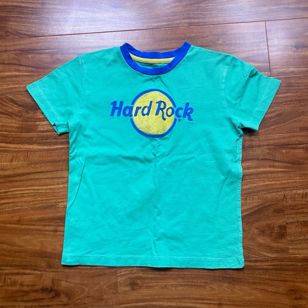 Hard Rock Cafe Y2K Women's Green Crew Fuzzy Logo T-Shirt Size Small Streetwear